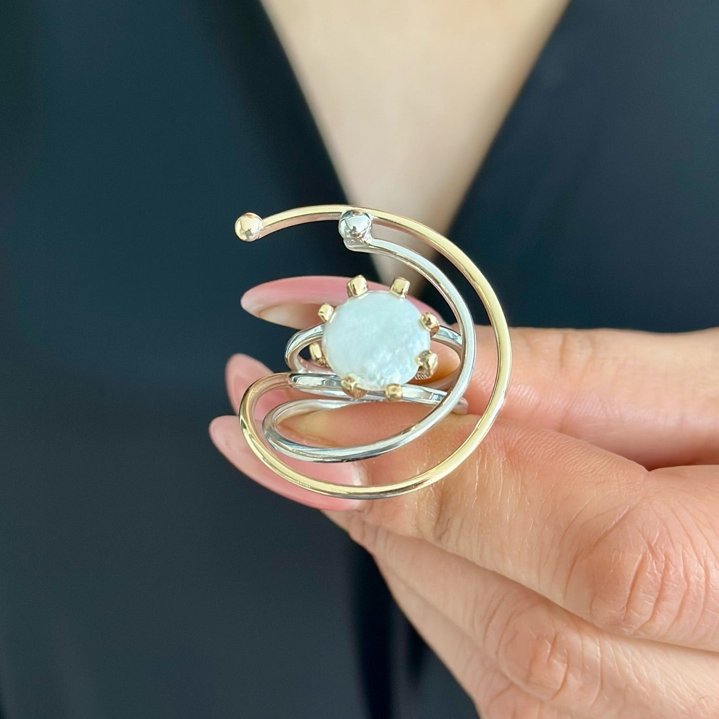 Two Tones Silver Ring with Baroque Pearl