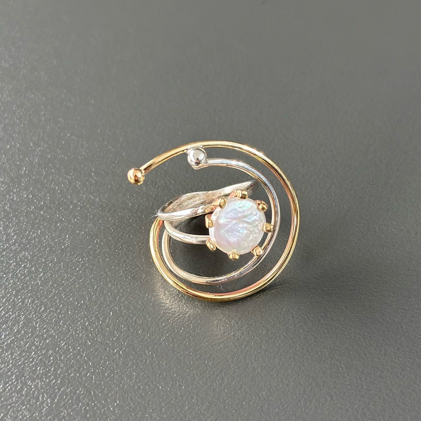 Two Tones Silver Ring with Baroque Pearl