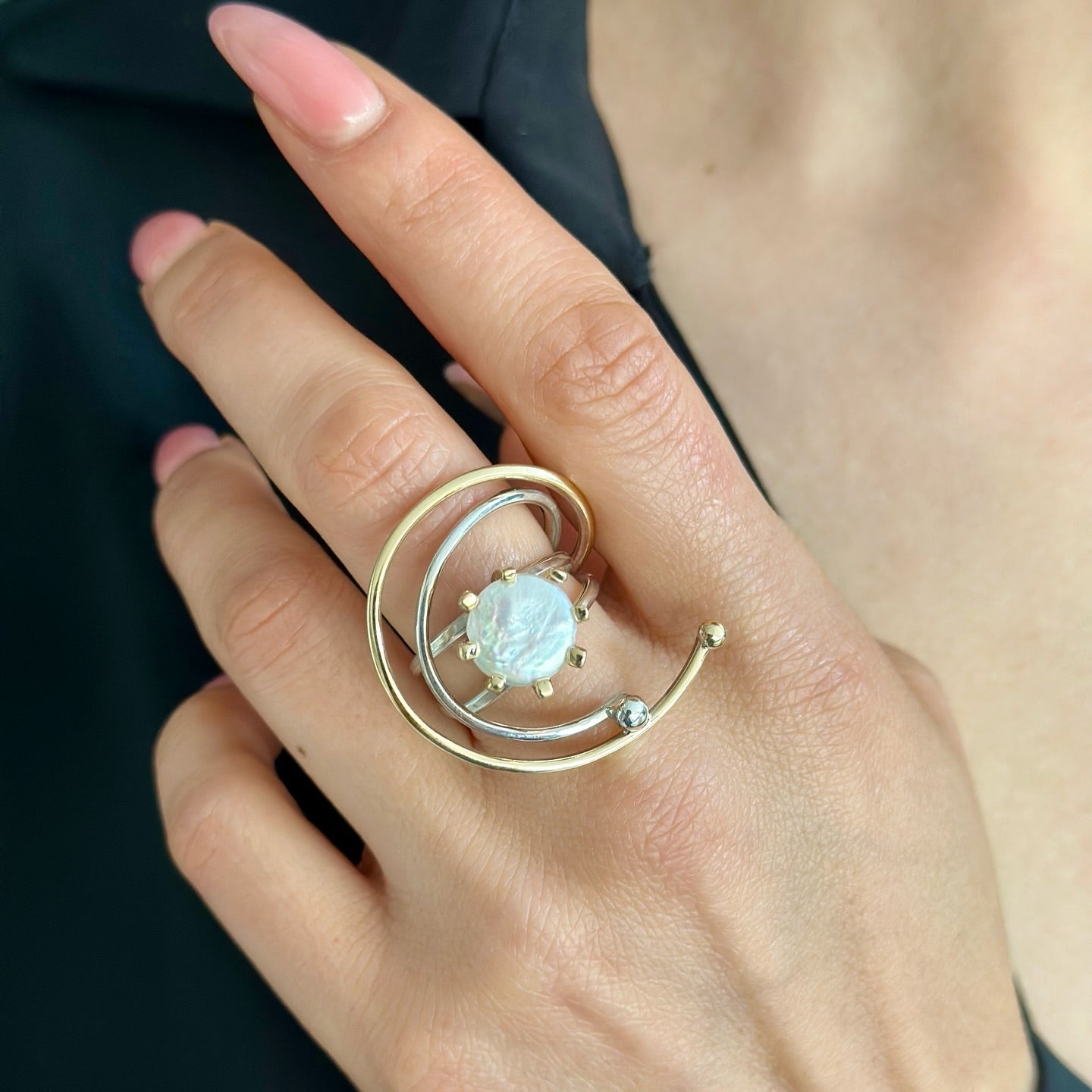 Two Tones Silver Ring with Baroque Pearl