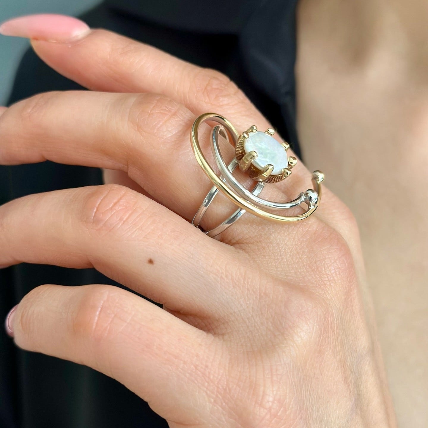 Two Tones Silver Ring with Baroque Pearl