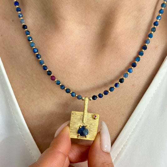 Kyanit Gemstone Necklace with Silver Gold Plated Square