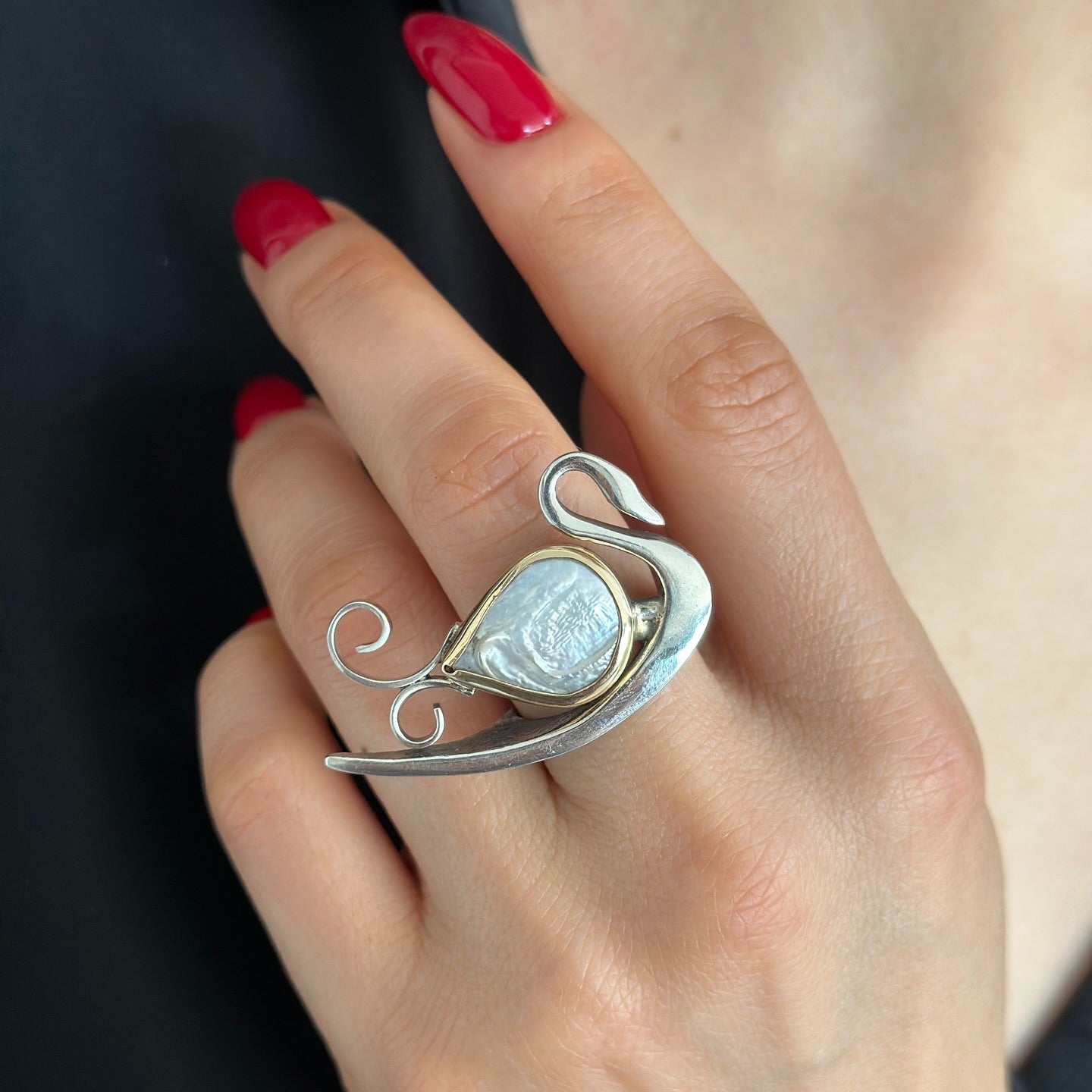 Silver Swan Ring with Pearl