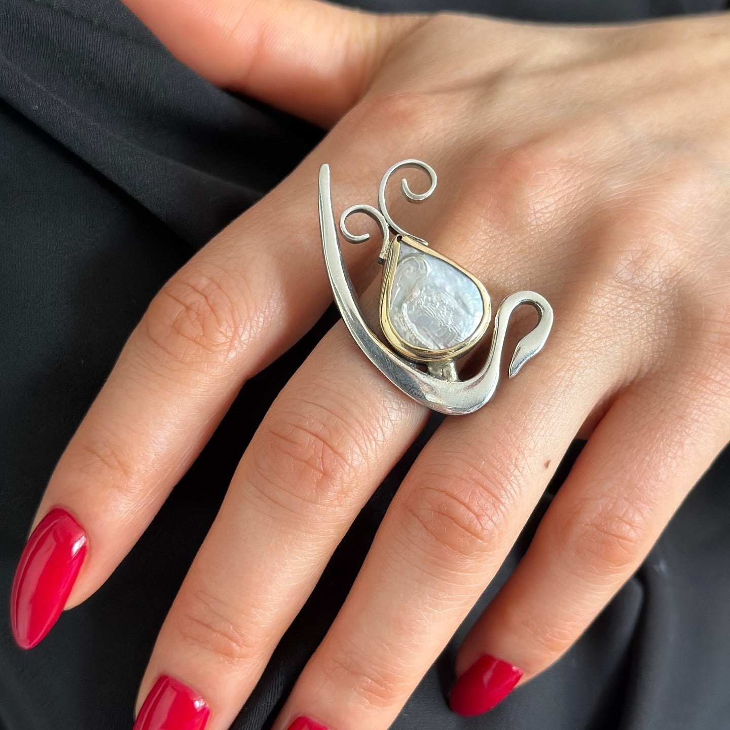 Silver Swan Ring with Pearl