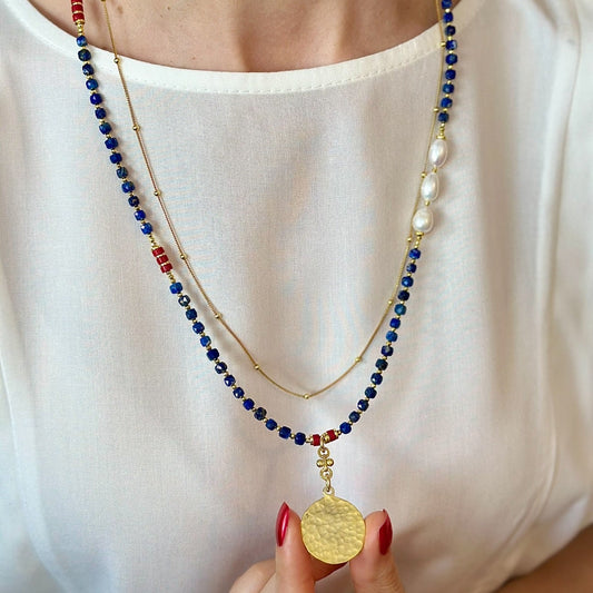 Lapis Lazuli & Pearl Long Necklace with Gold Disc Pendant