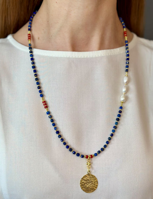 Lapis Lazuli & Pearl Long Necklace with Gold Disc Pendant