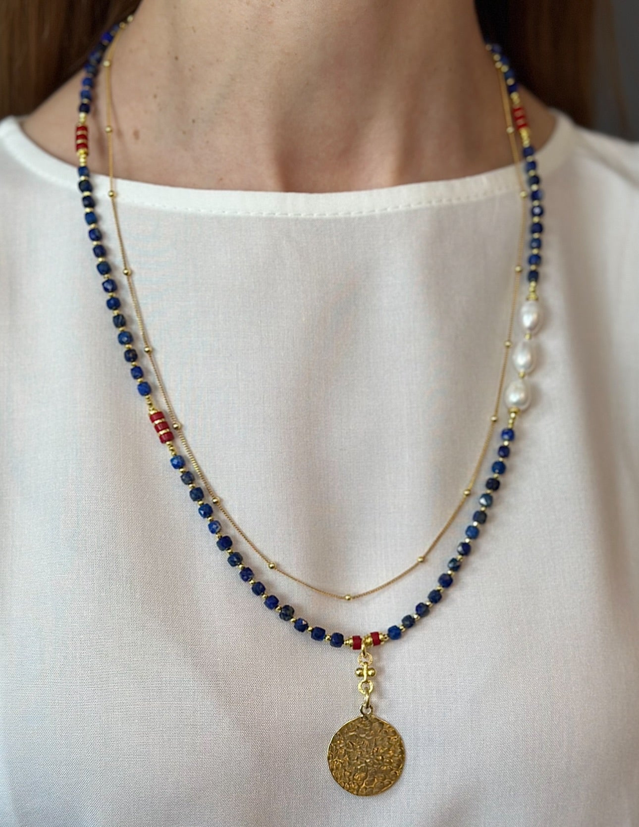 Lapis Lazuli & Pearl Long Necklace with Gold Disc Pendant