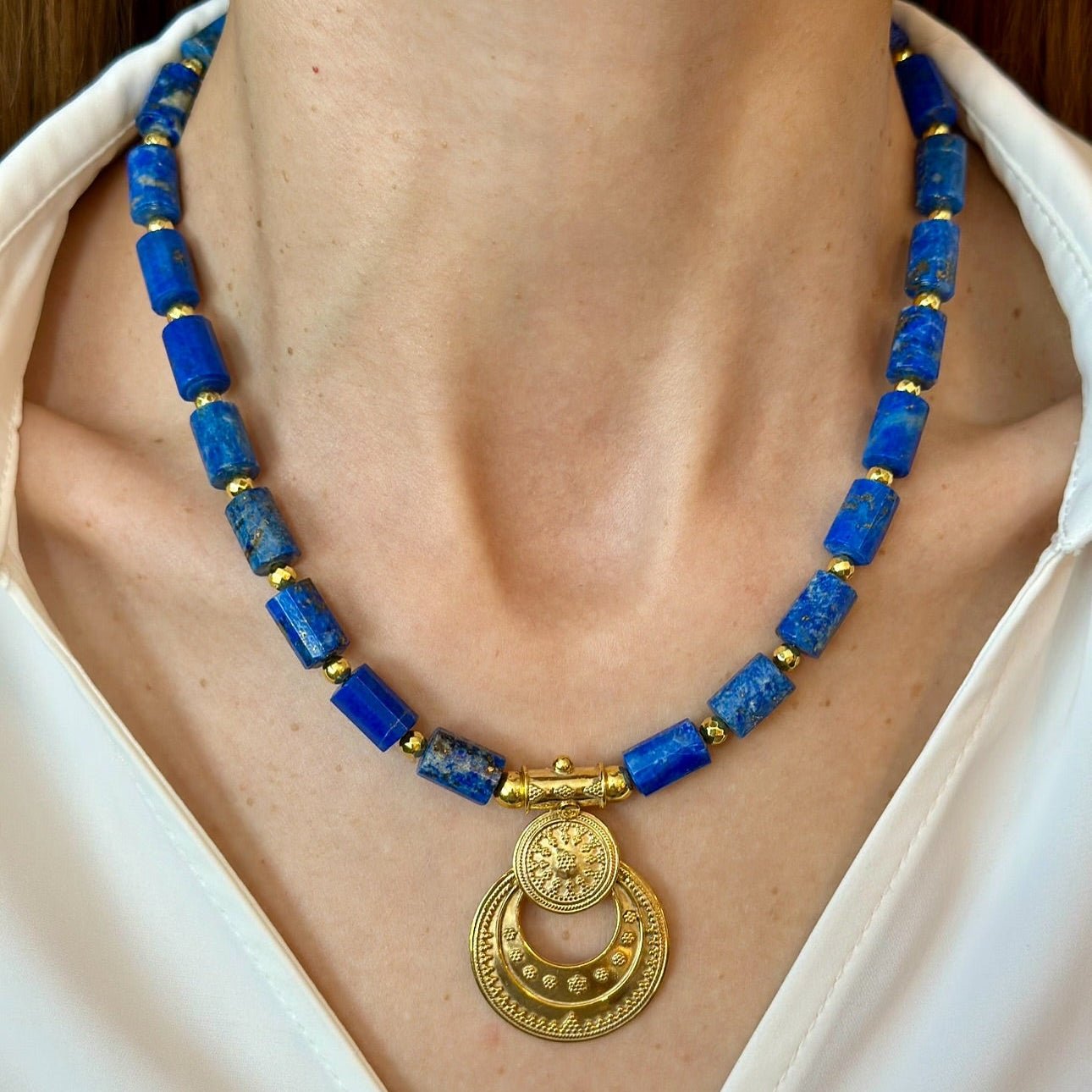 Lapis Lazuli Necklace with Gold Plated Ancient-Inspired Pendant