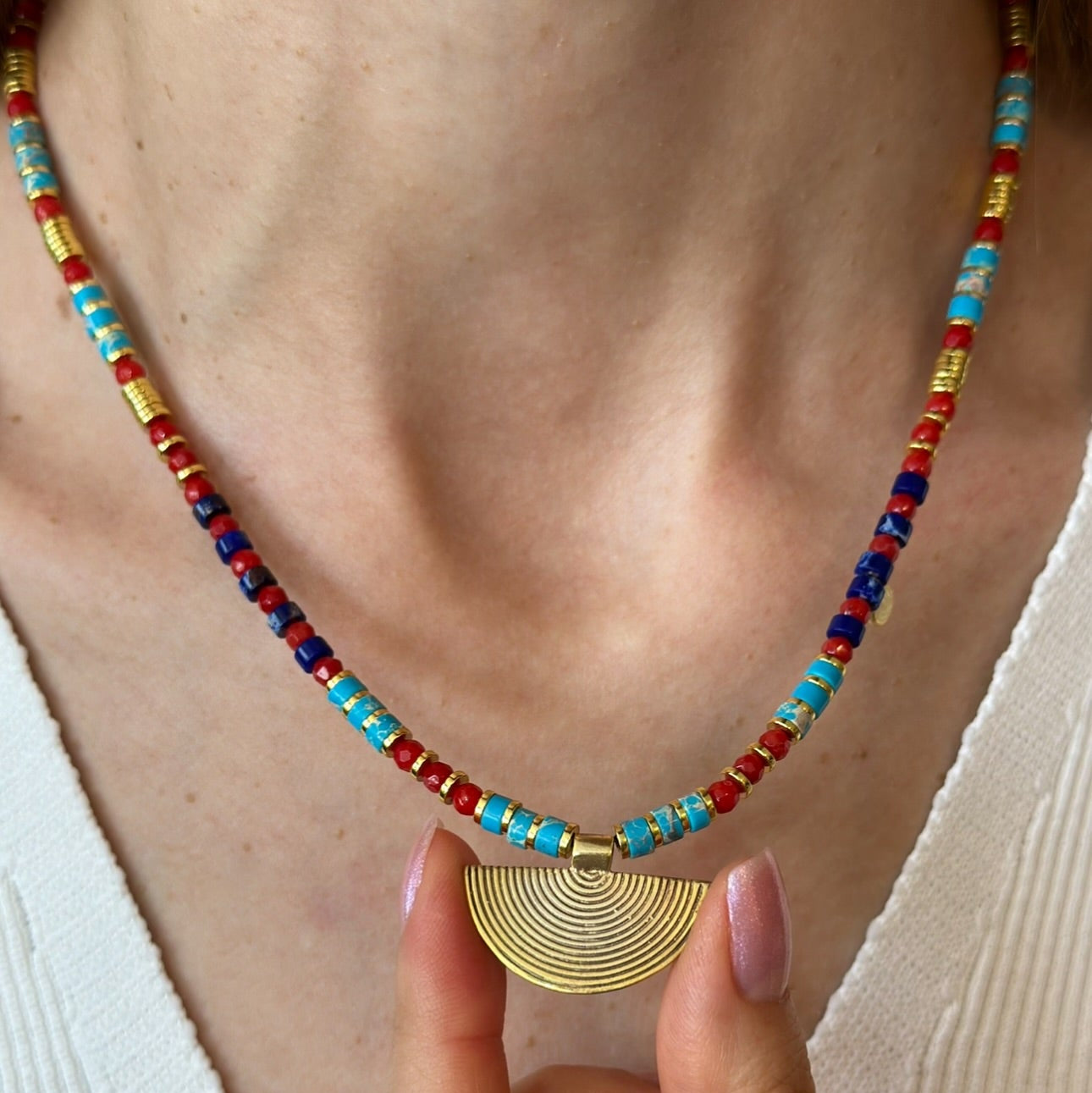 Multicolor Gemstone Necklace with Silver Fan Pendant