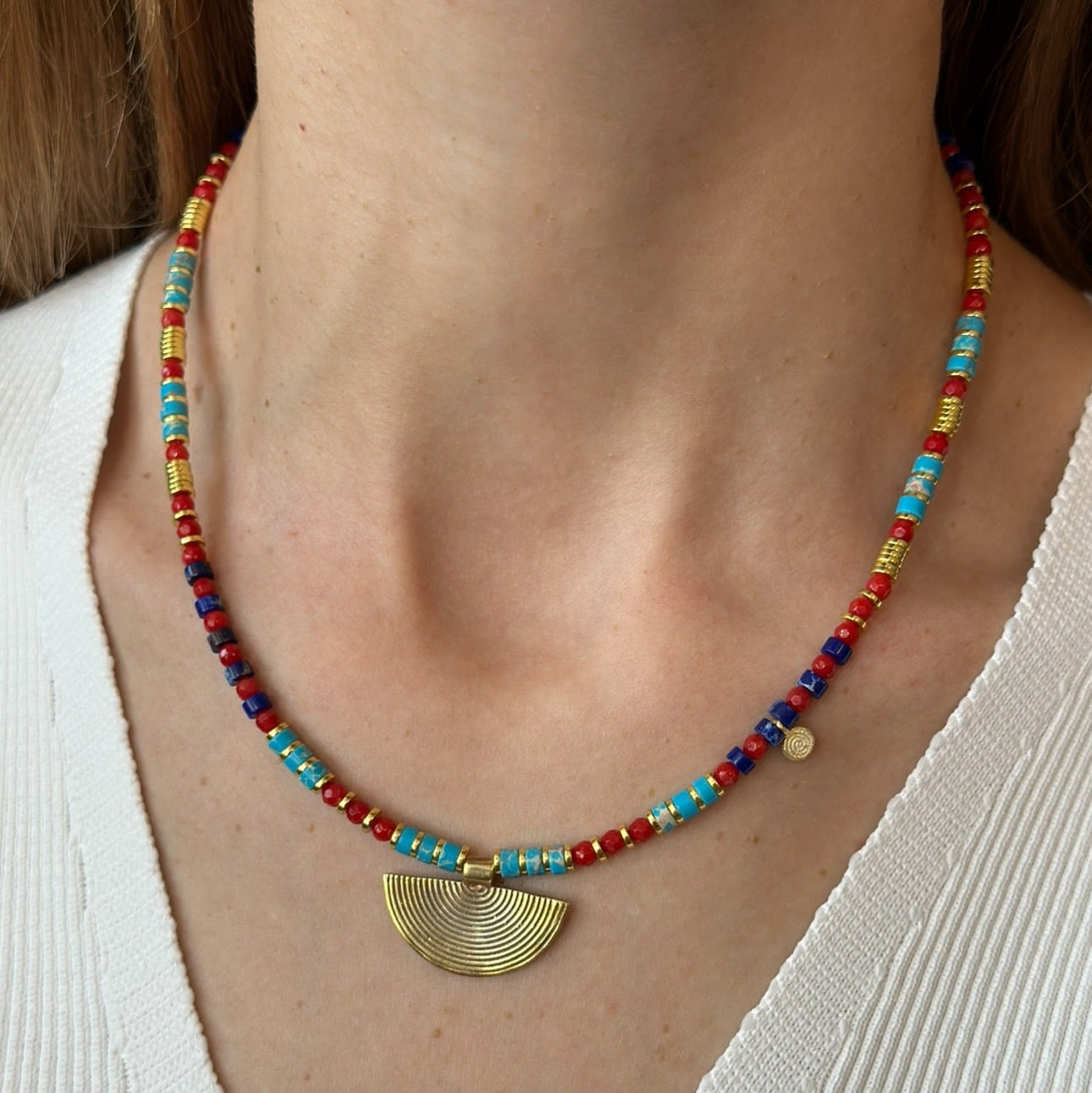 Multicolor Gemstone Necklace with Silver Fan Pendant