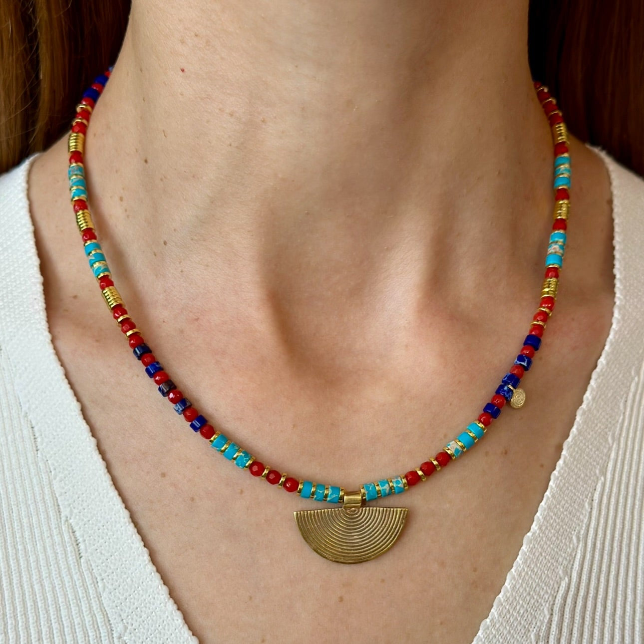 Multicolor Gemstone Necklace with Silver Fan Pendant