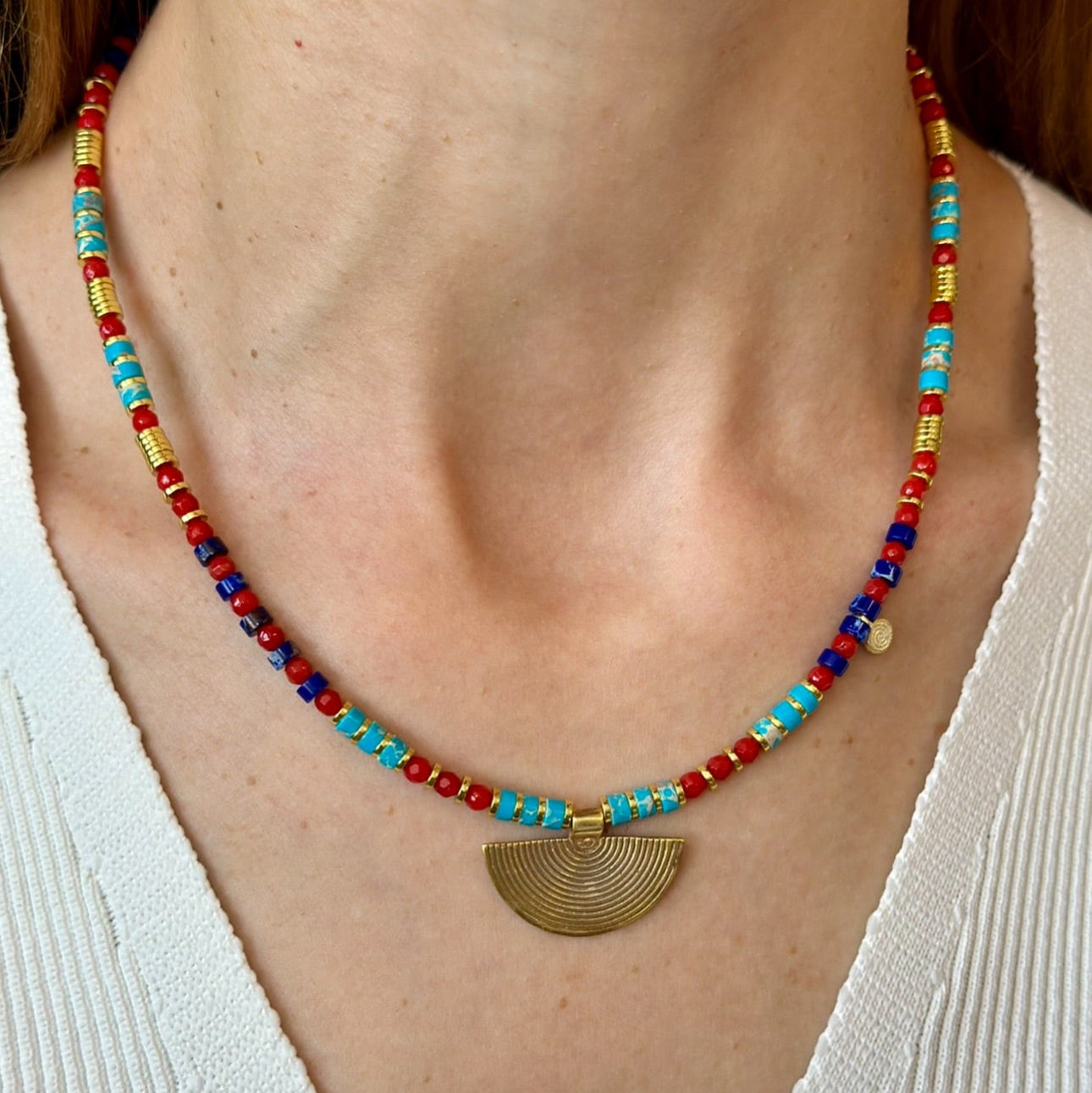 Multicolor Gemstone Necklace with Silver Fan Pendant