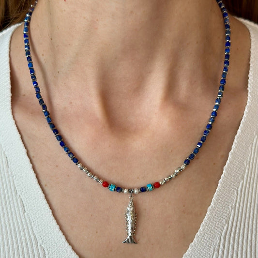 Lapis Lazuli Necklace with Silver Sardine Fish Pendant