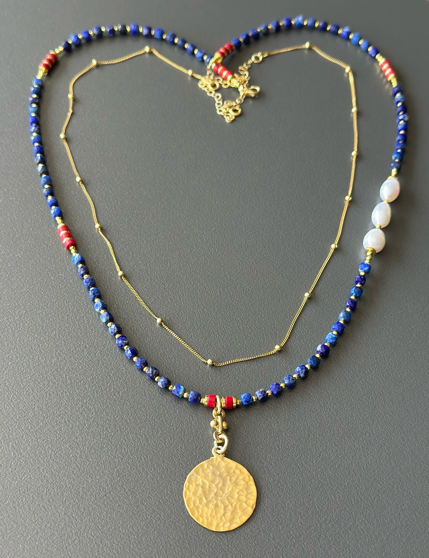 Lapis Lazuli & Pearl Long Necklace with Gold Disc Pendant