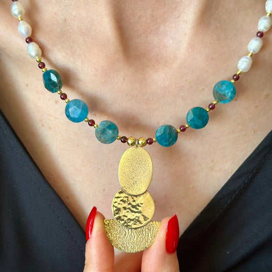 Apatite, Garnet & Pearl Necklace with Textured Gold Pendant