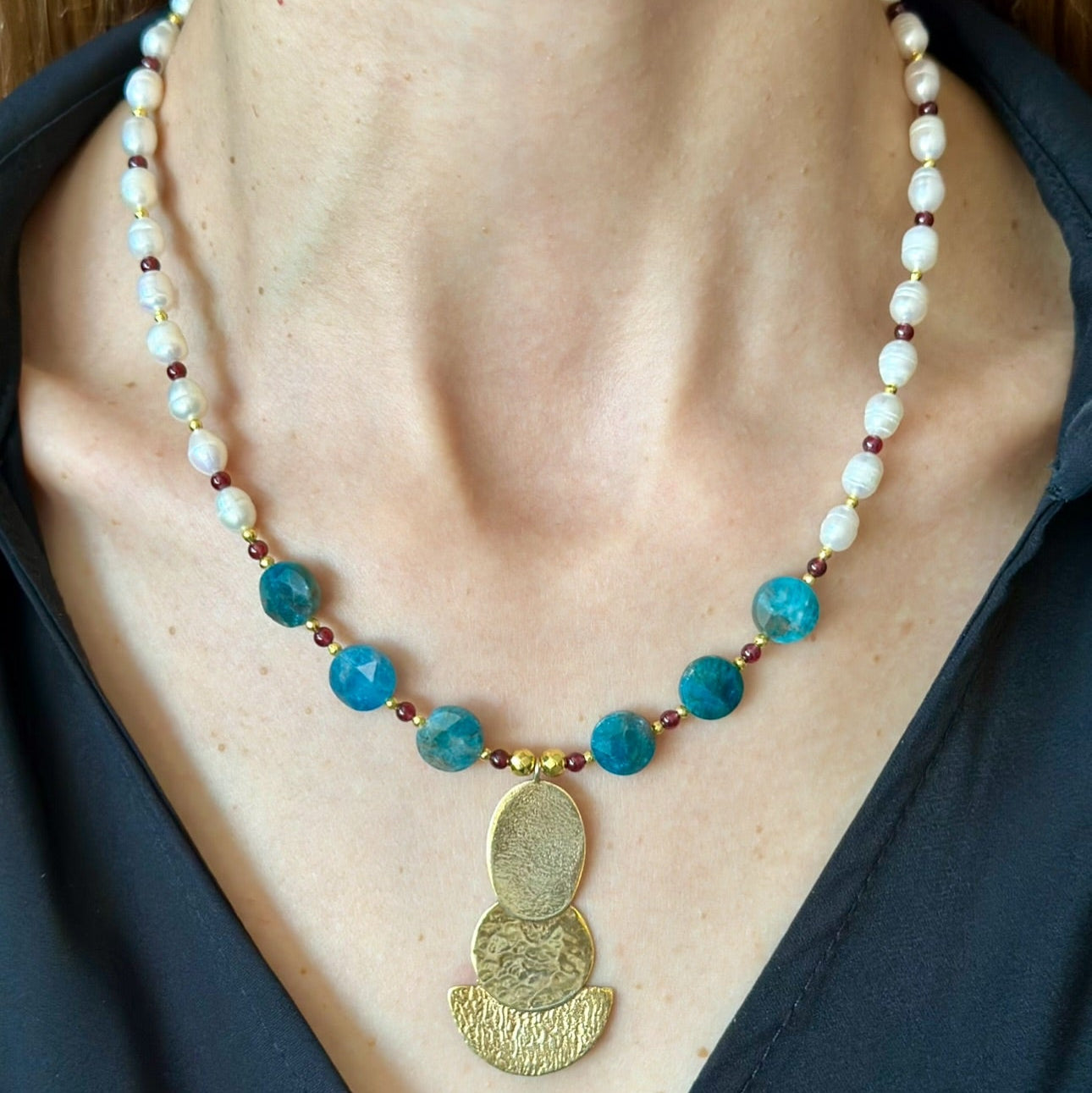 Apatite, Garnet & Pearl Necklace with Textured Gold Pendant