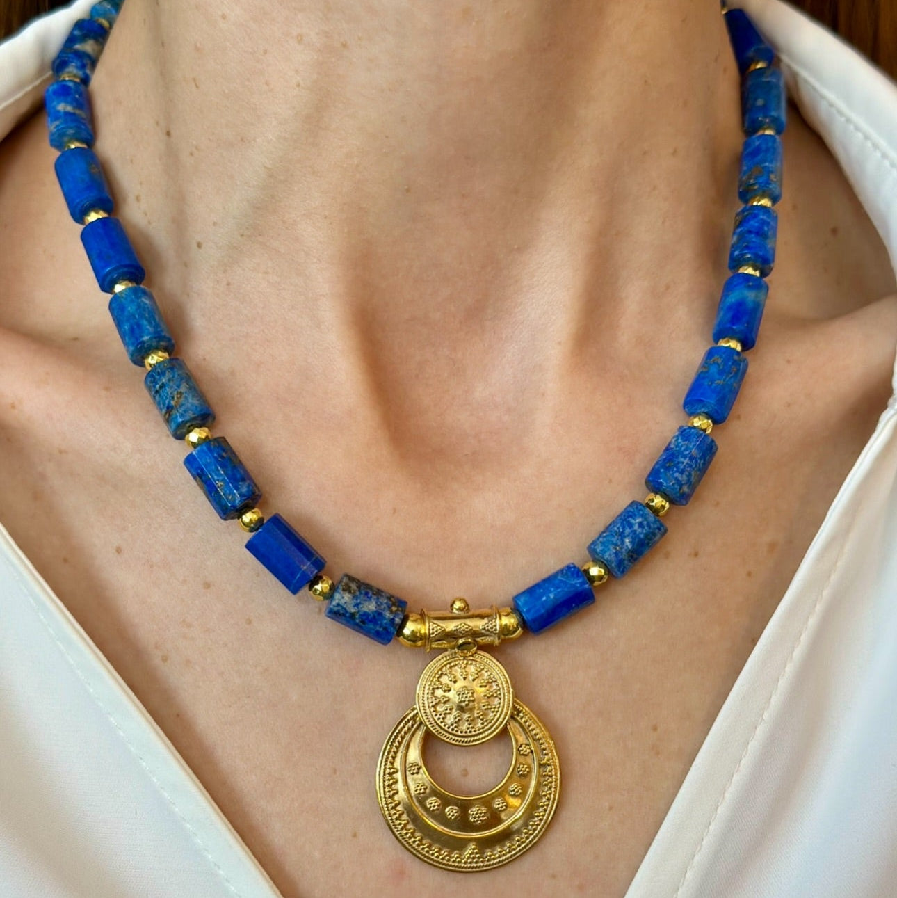 Lapis Lazuli Necklace with Gold Plated Ancient-Inspired Pendant