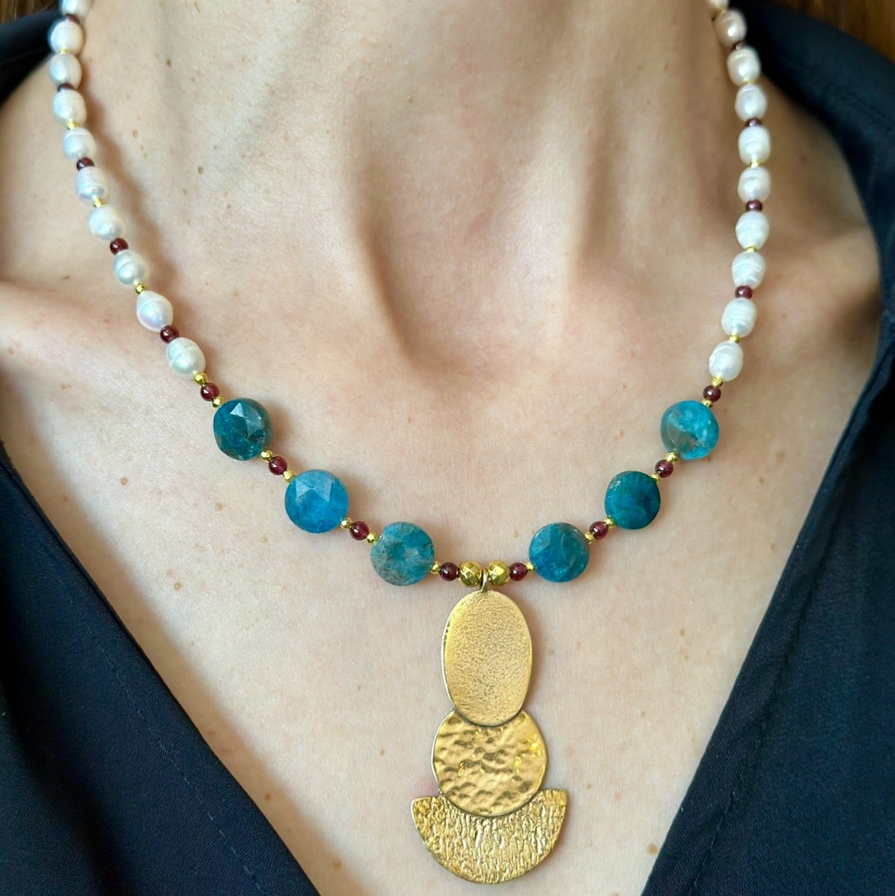 Apatite, Garnet & Pearl Necklace with Textured Gold Pendant