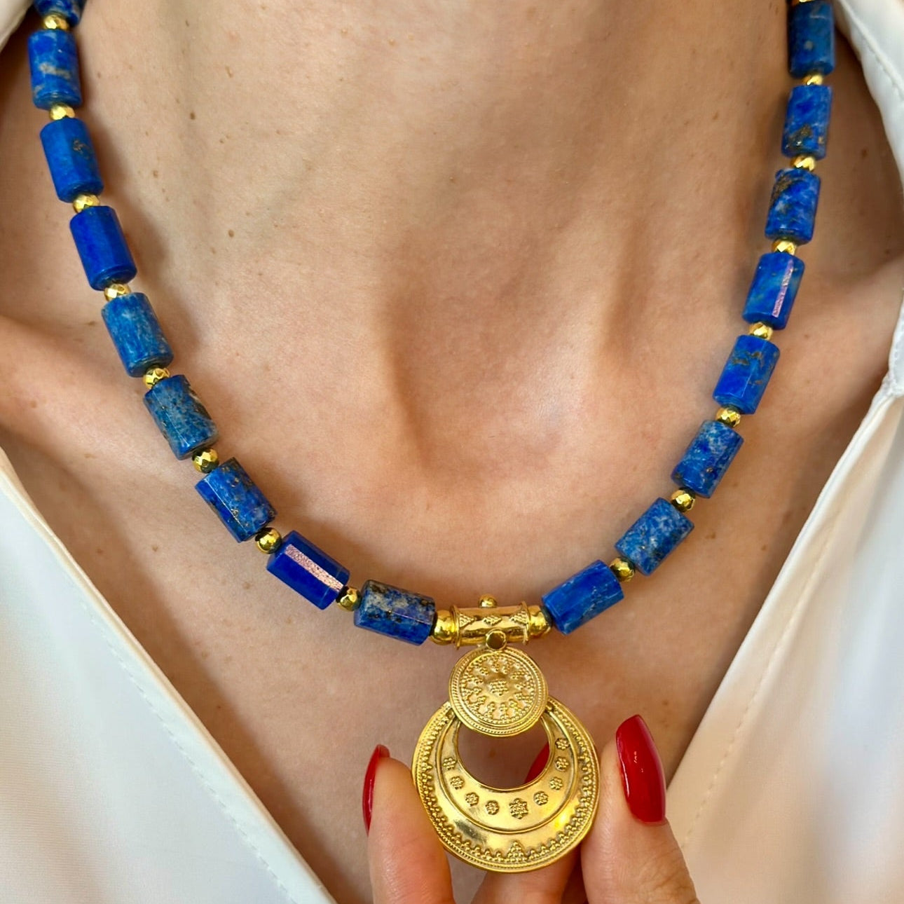 Lapis Lazuli Necklace with Gold Plated Ancient-Inspired Pendant