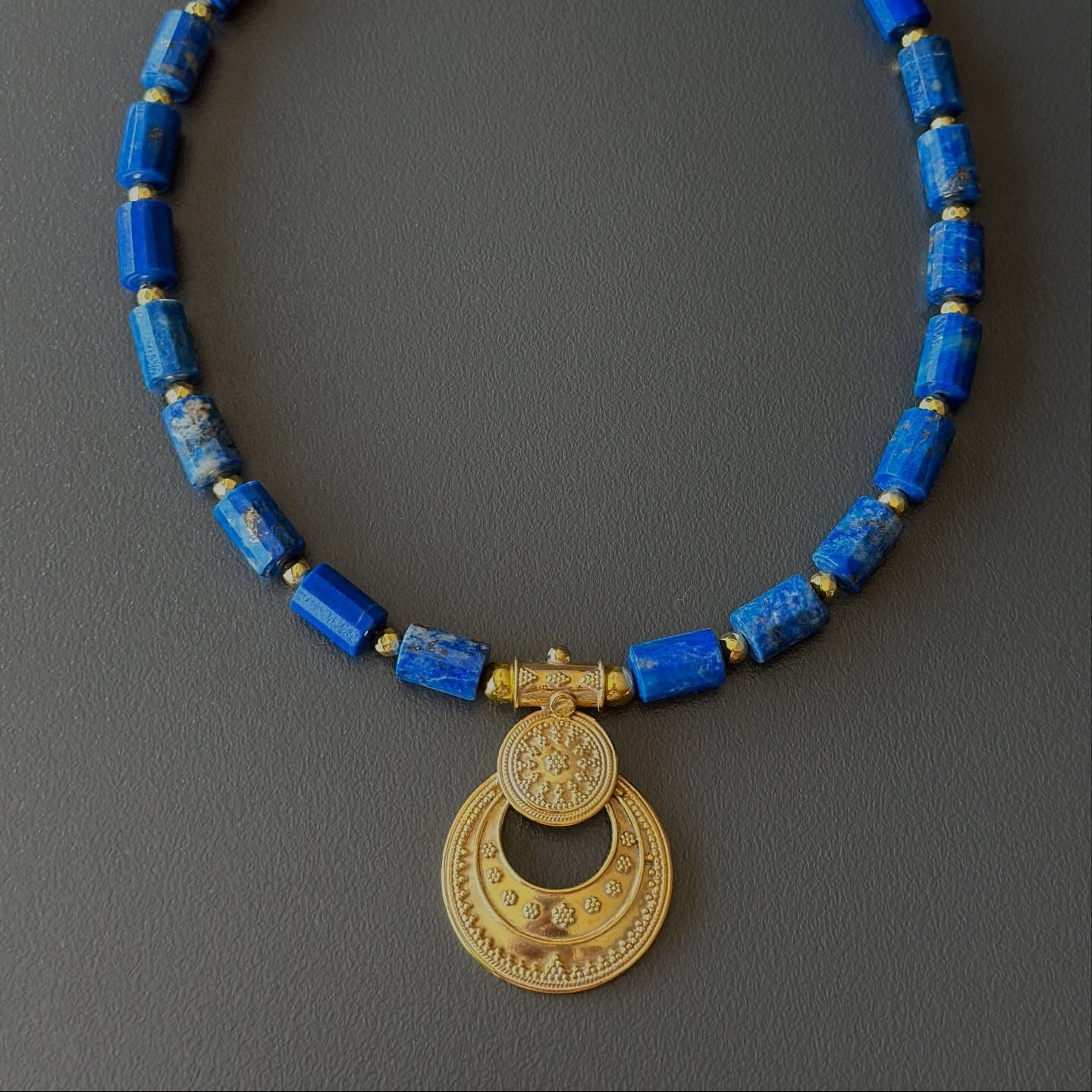 Lapis Lazuli Necklace with Gold Plated Ancient-Inspired Pendant