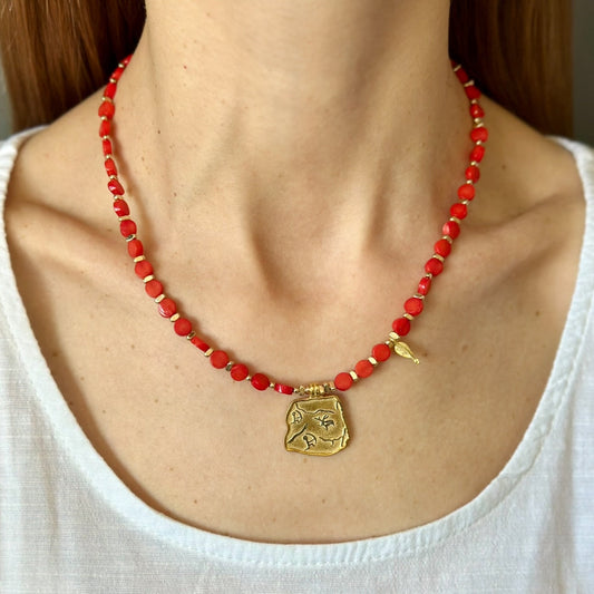 Red Coral Necklace with Gold-Plated Ancient Symbol Pendant