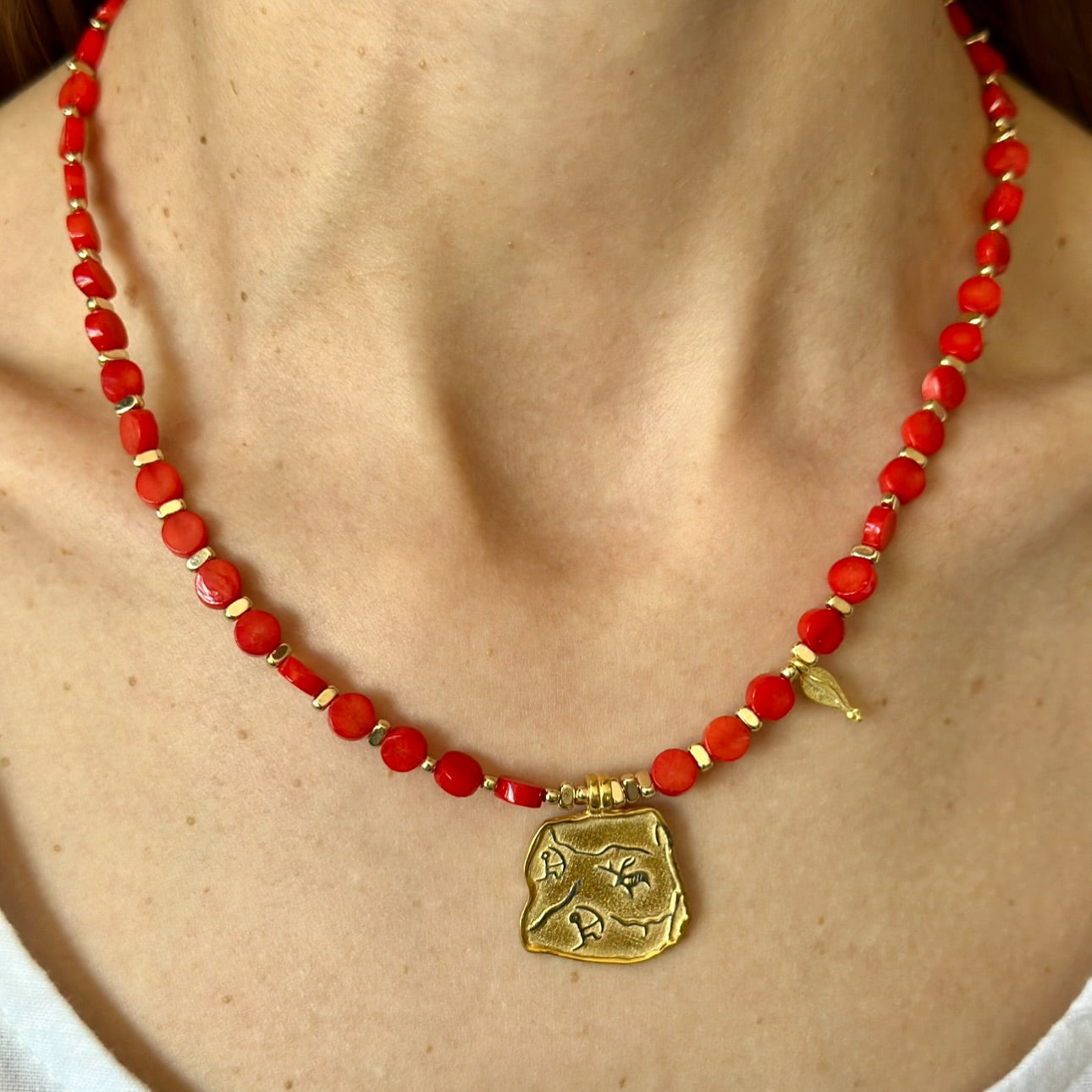 Red Coral Necklace with Gold-Plated Ancient Symbol Pendant