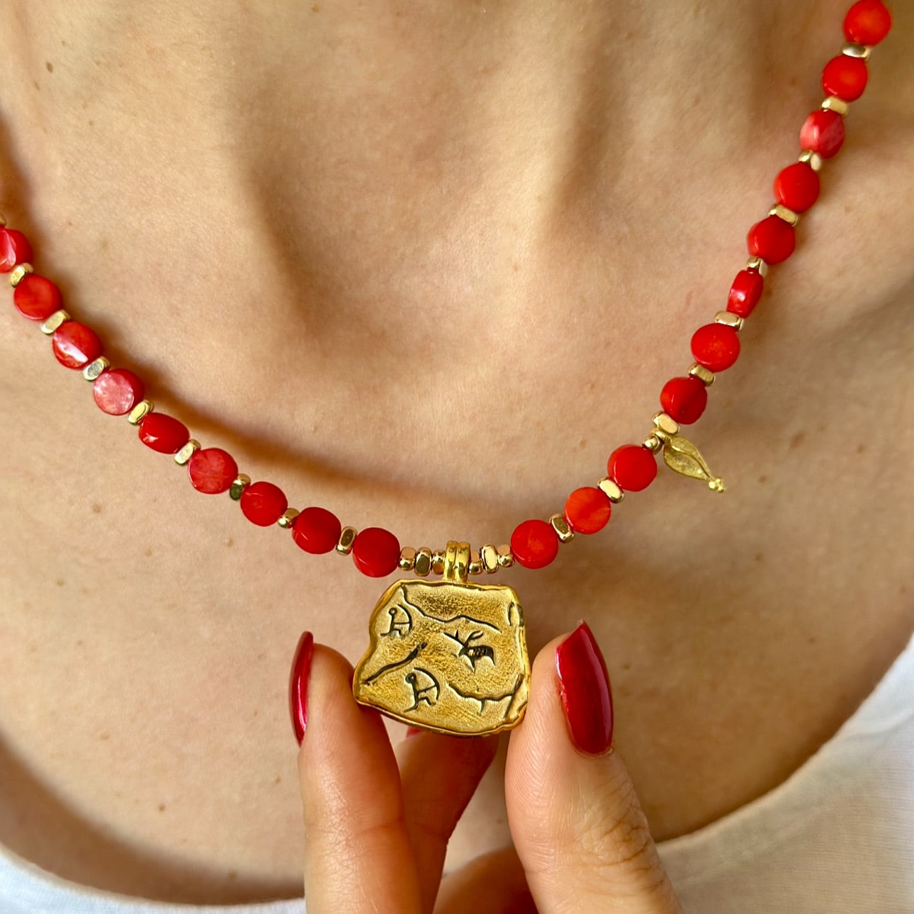 Red Coral Necklace with Gold-Plated Ancient Symbol Pendant