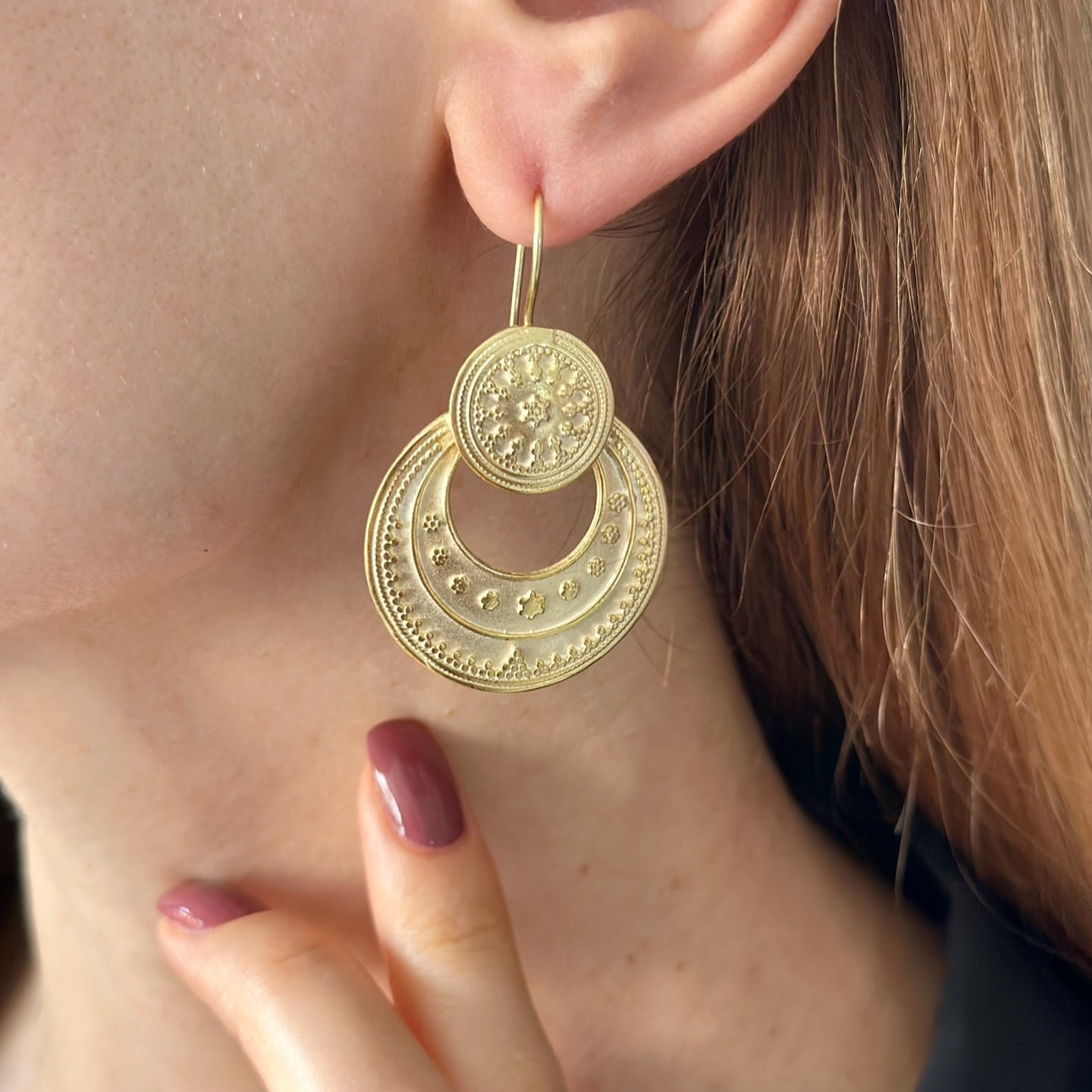 Circle Textured Gold Silver Earrings