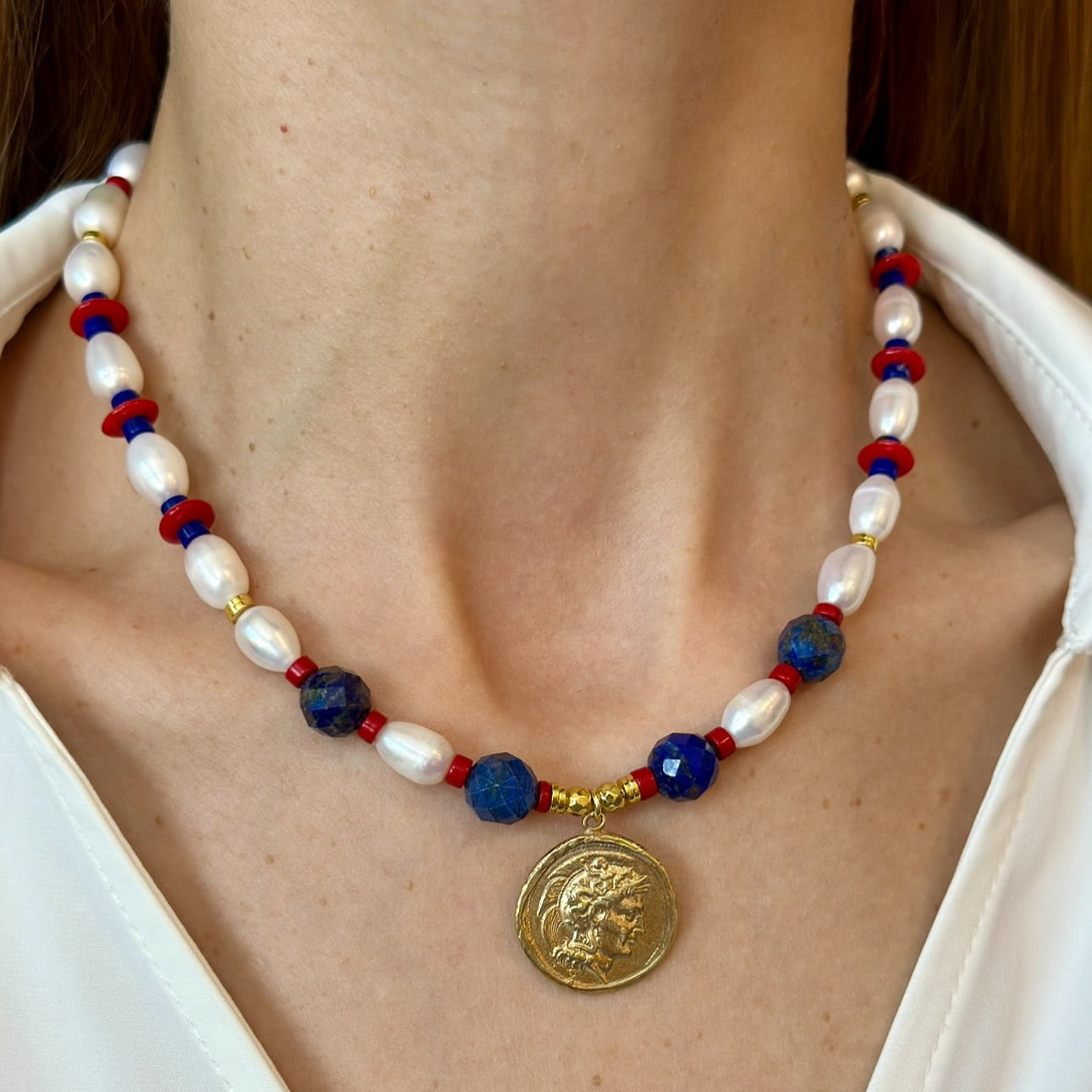 Lapis Lazuli, Coral & Pearl Necklace with Ancient Coin Pendant