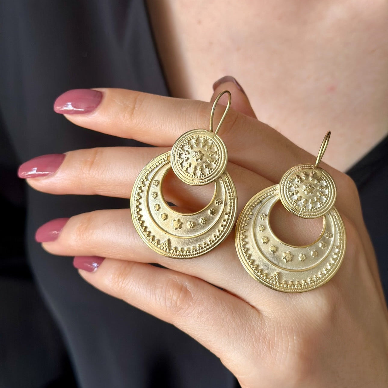 Circle Textured Gold Silver Earrings