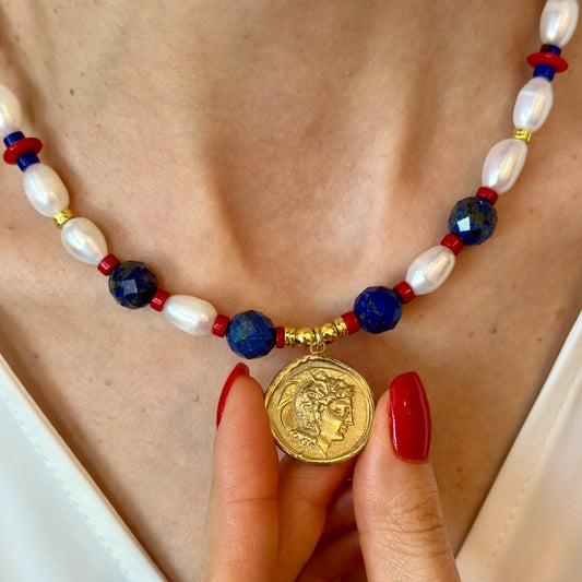 Lapis Lazuli, Coral & Pearl Necklace with Ancient Coin Pendant
