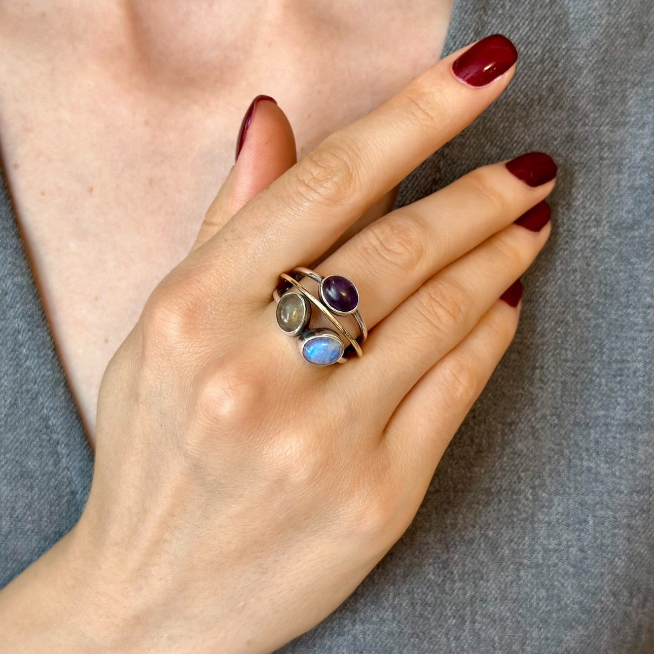 Moonstone, Labradorite & Amethyst Gemstone Ring