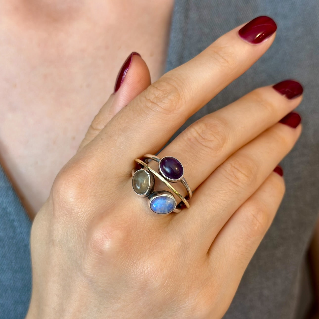 Moonstone, Labradorite & Amethyst Gemstone Ring