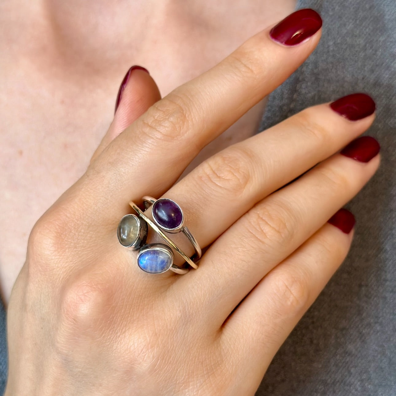 Moonstone, Labradorite & Amethyst Gemstone Ring