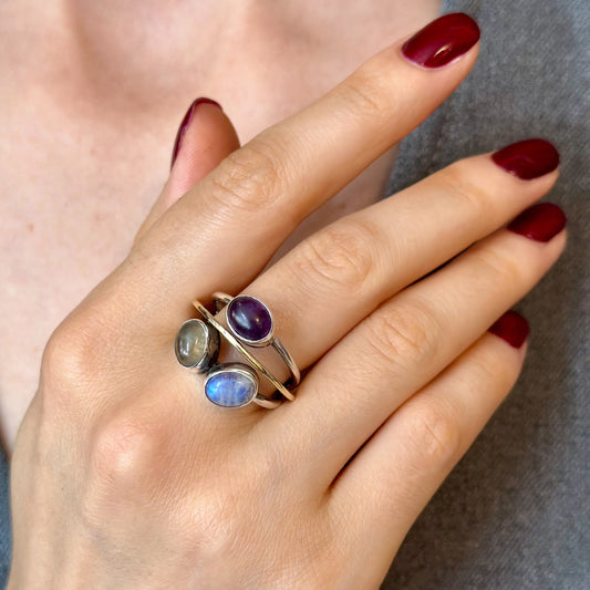 Moonstone, Labradorite & Amethyst Gemstone Ring