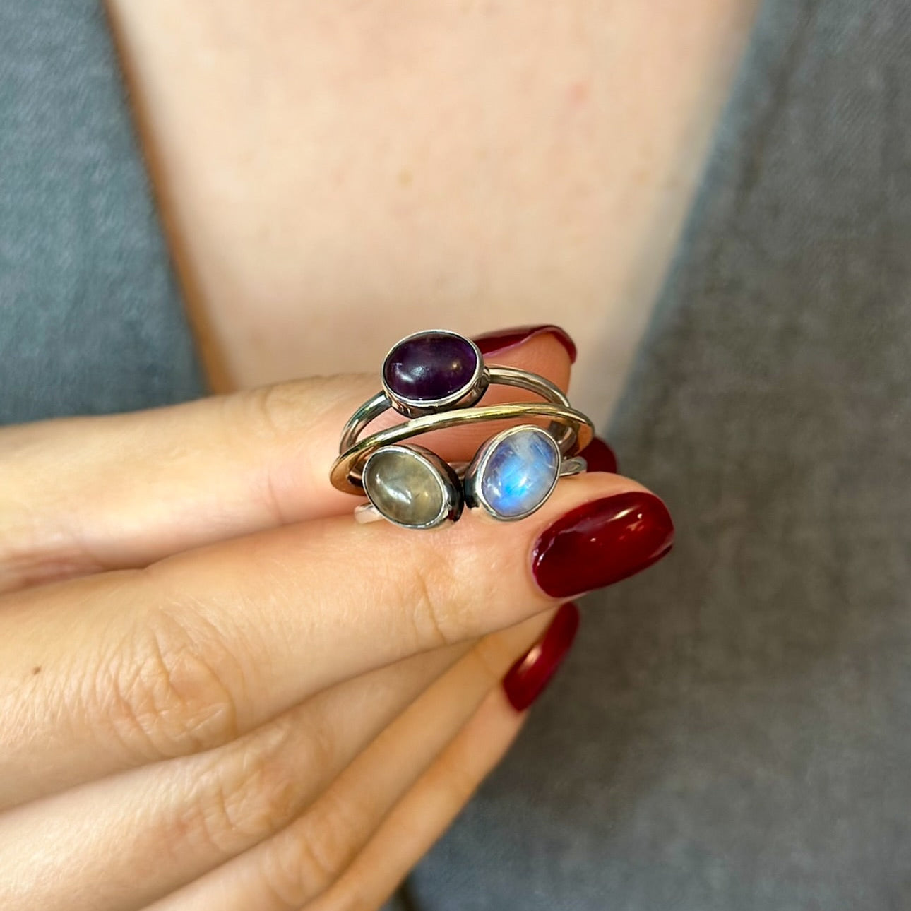Moonstone, Labradorite & Amethyst Gemstone Ring