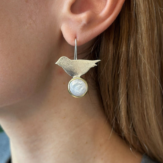 Bird & Pearl Earrings – Sterling Silver with Gold-Plated Details