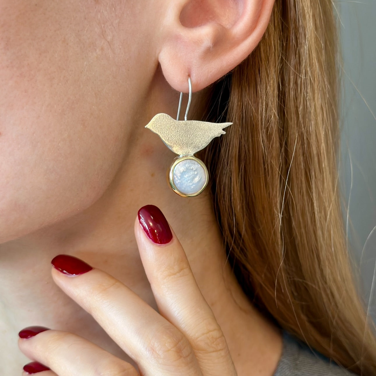 Bird & Pearl Earrings – Sterling Silver with Gold-Plated Details