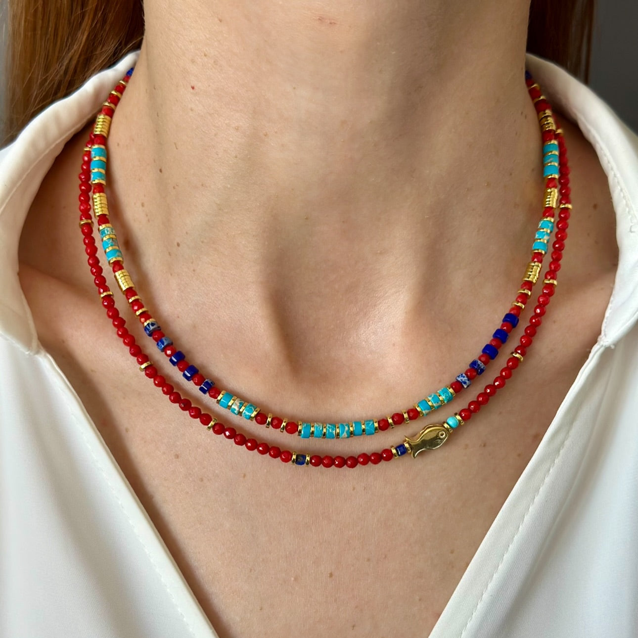 Gemstone Layered Necklace Set with Gold Fish Charm