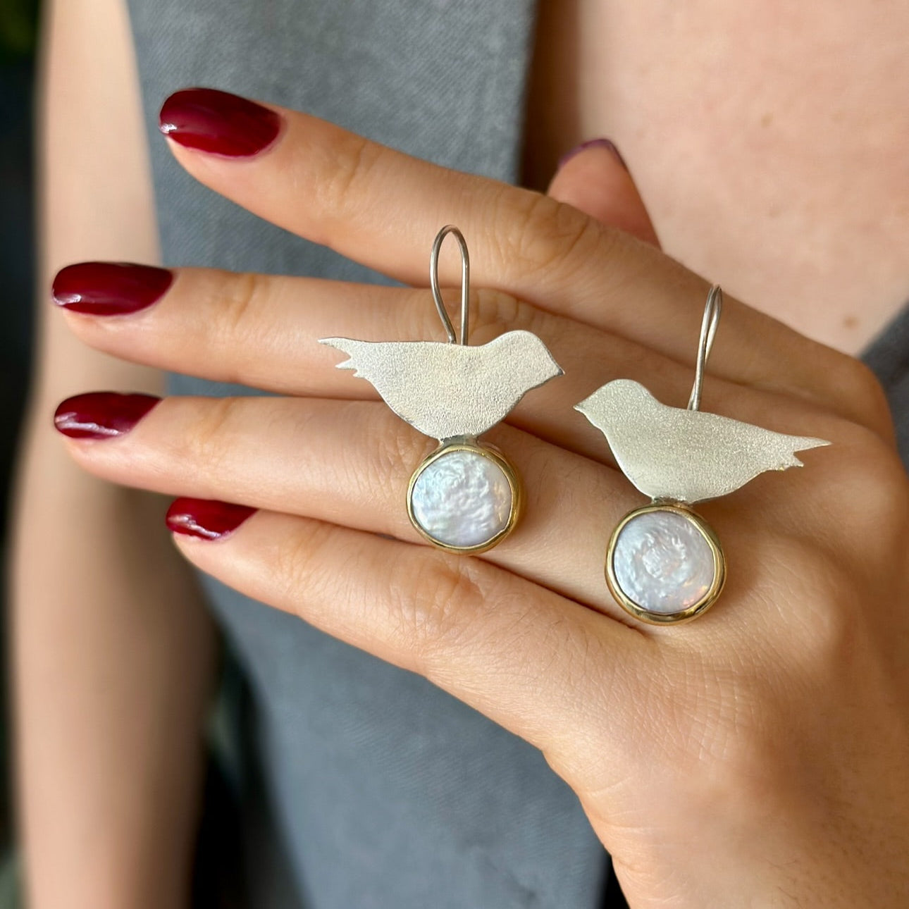 Bird & Pearl Earrings – Sterling Silver with Gold-Plated Details