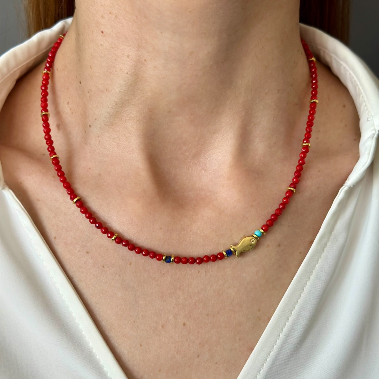 Gemstone Layered Necklace Set with Gold Fish Charm