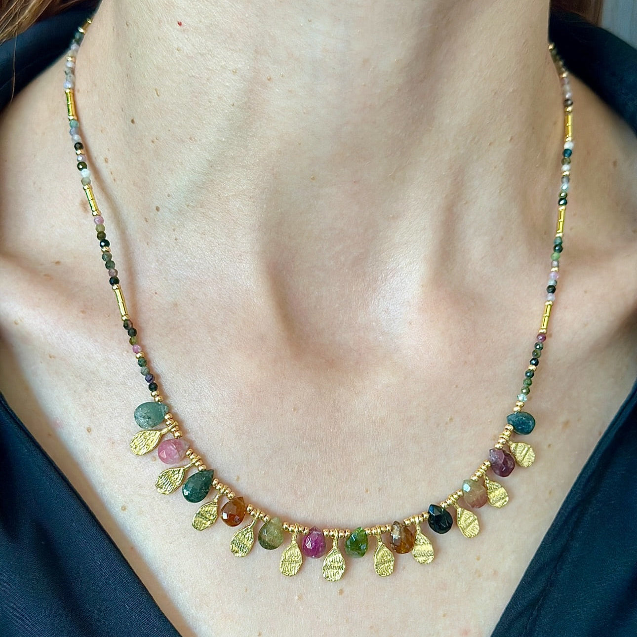 Tourmaline Statement Necklace in Sterling Silver Gold Plated