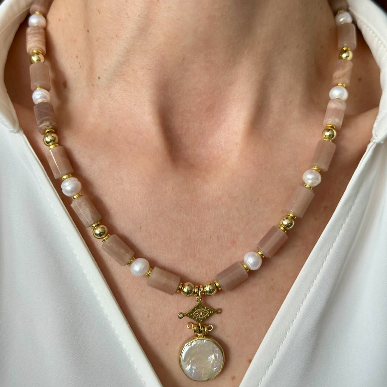 Sunstone & Pearl Layered Necklace Set