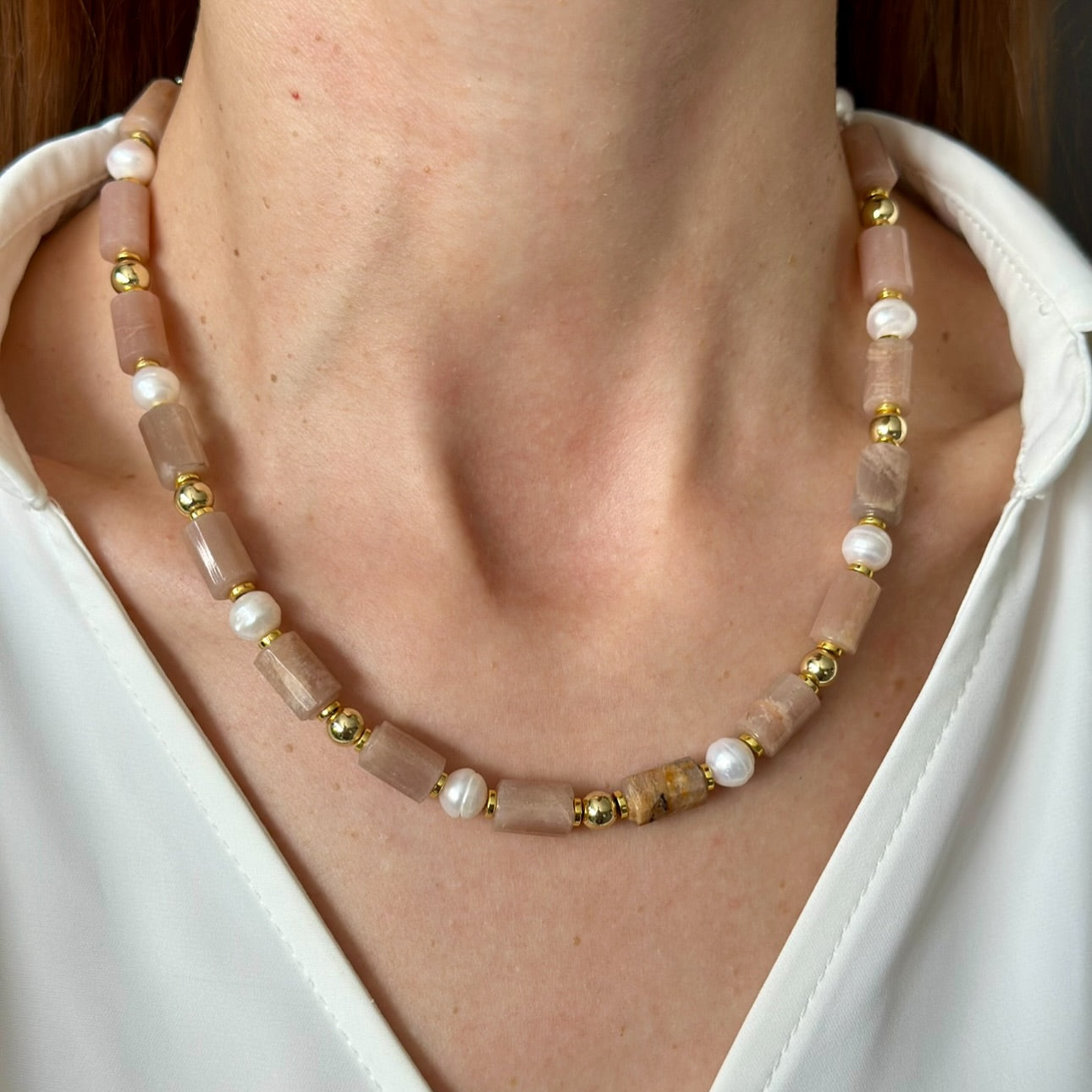 Sunstone & Pearl Layered Necklace Set