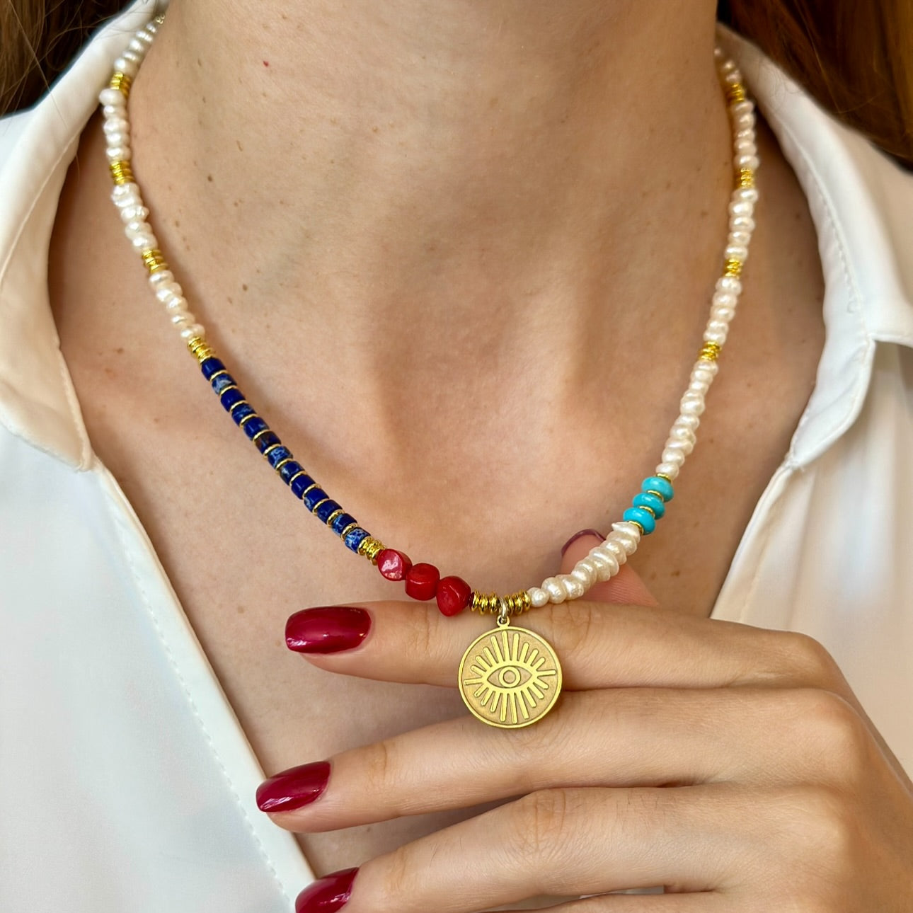 Evil Eye Necklace with Gemstones and Pearls