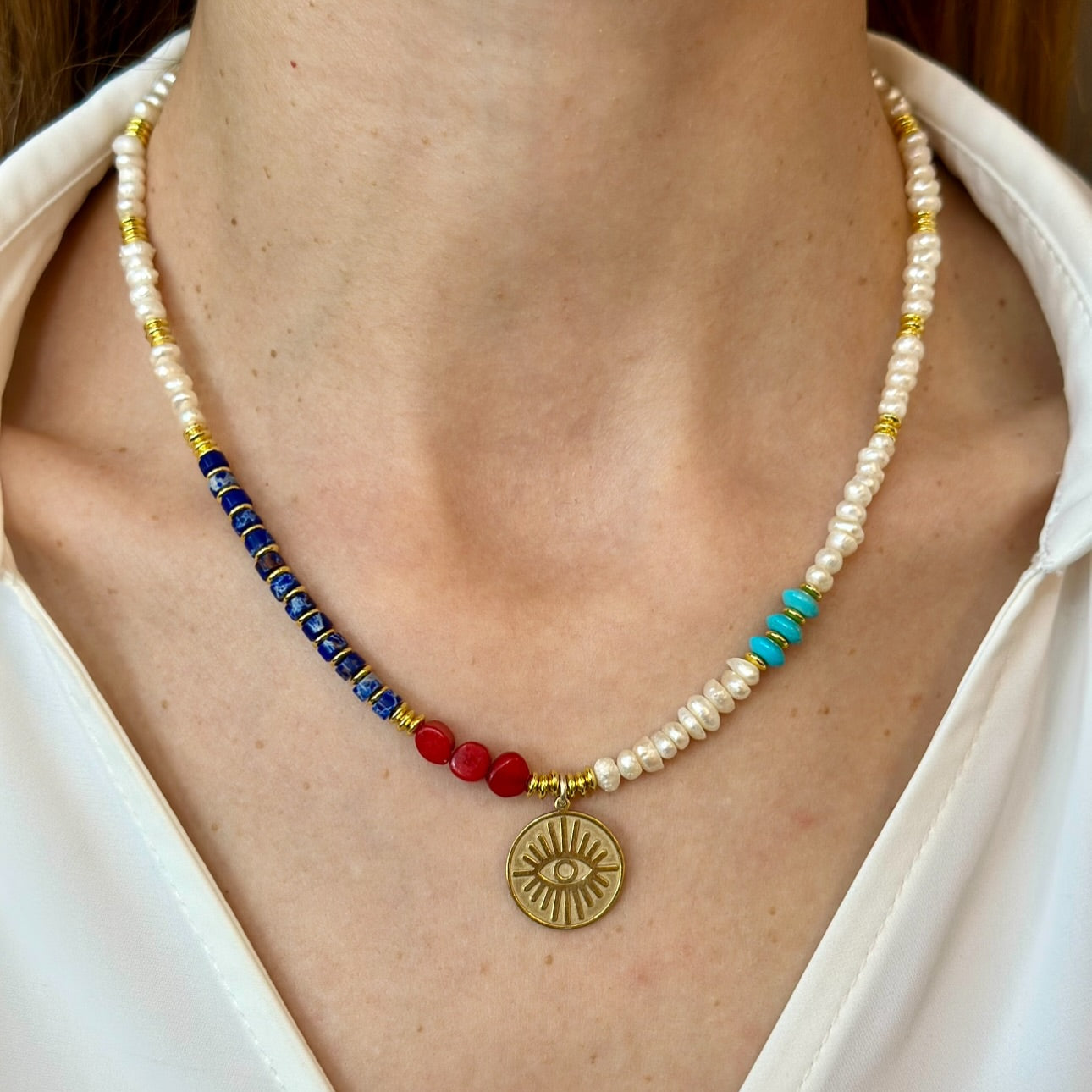 Evil Eye Necklace with Gemstones and Pearls