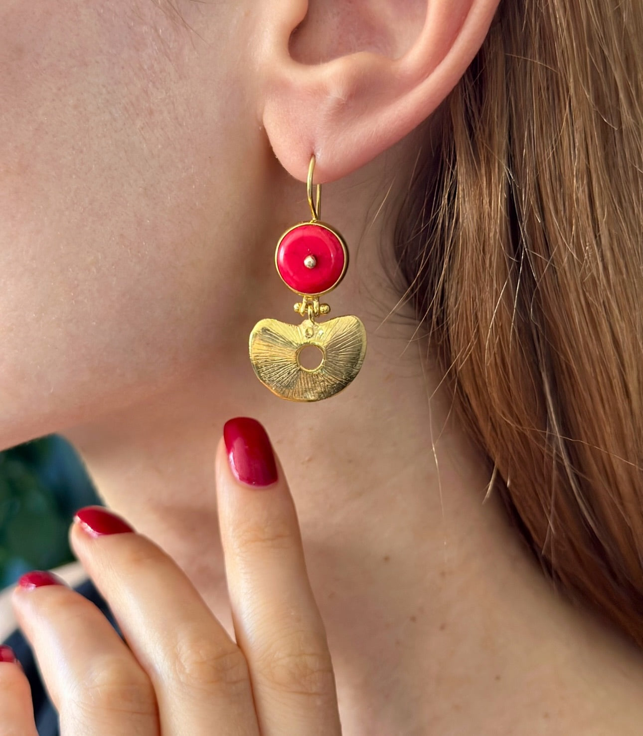 Red Coral and Gold Plated Silver Statement Earrings