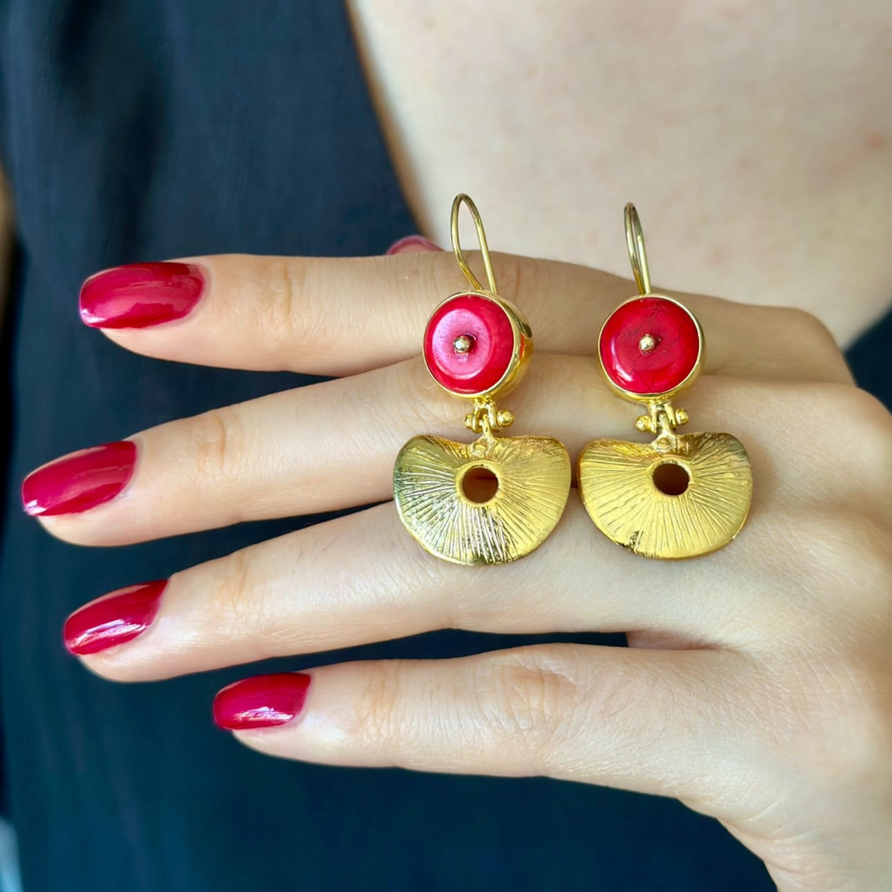 Red Coral and Gold Plated Silver Statement Earrings