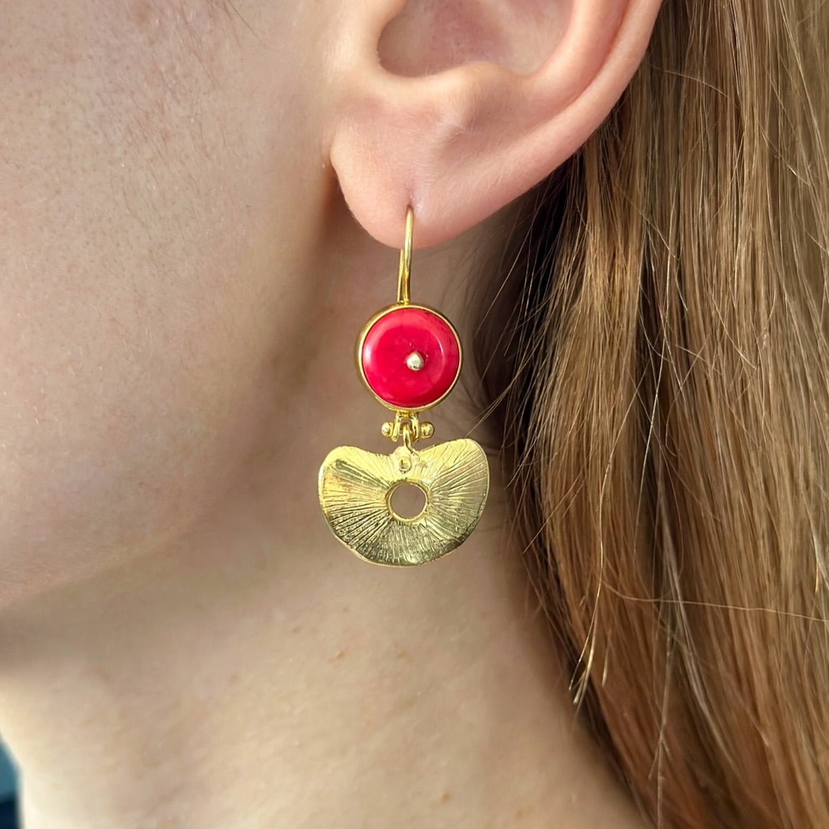 Red Coral and Gold Plated Silver Statement Earrings