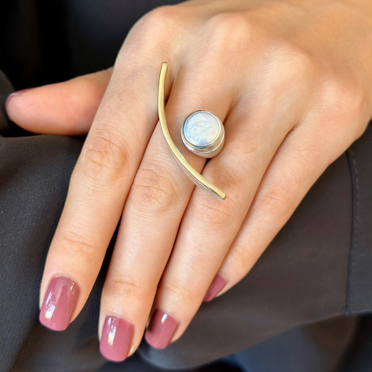 Silver Curve Ring with Pearl