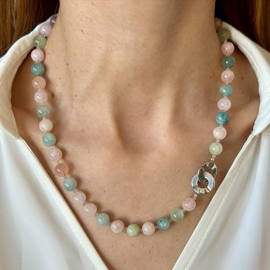 Necklace with multicolored beads and a silver clasp 